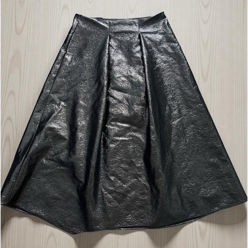 Hunter Bell Size 12 Black Faux Leather Midi Full‎ Skirt Holiday Festive